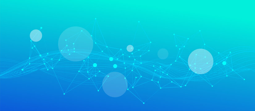 Abstract background with a futuristic technology theme. Shows a network of connected dots and lines, representing data, communication, and global connections.