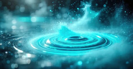Fototapeta premium Vibrant water splash creates concentric ripples. Blue hues dominate dark background. Sparkling particles enhance dynamic effect.