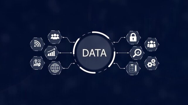 Digital concept of data with interconnected representing analysis security and community on a dark blue background with subtle network lines