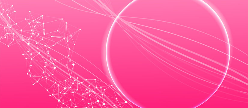 Abstract pink background with a glowing sphere and a white plexus network. Futuristic design concept for technology, science, and communication banners.