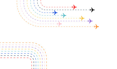 A group of colorful airplanes flying in formation with dashed line flight paths. A vector illustration concept for travel, logistics, and business direction. © JustPrint