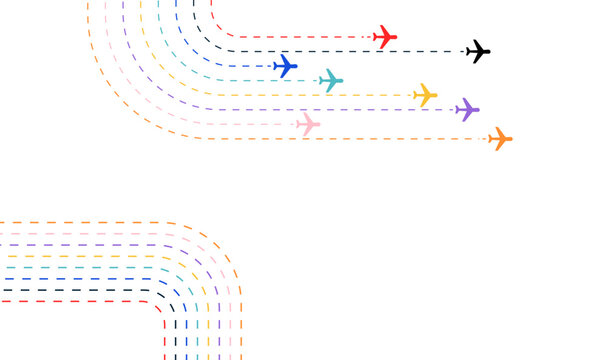 A group of colorful airplanes flying in formation with dashed line flight paths. A vector illustration concept for travel, logistics, and business direction.