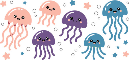 Cute Jellyfish Cartoon Icon Set  Smiling Colorful Marine Characters © Creative design