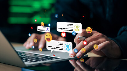 Social media engagement concept with chat notifications, emoji reactions and online communication...