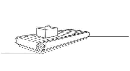 Line art airport baggage conveyor belt with suitcase