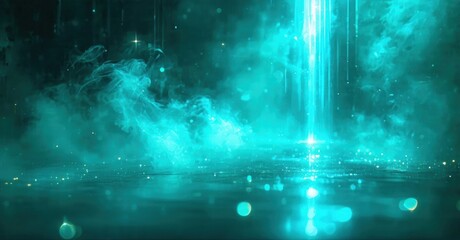 Obraz premium Abstract turquoise light descends. Ethereal smoke swirls, creating luminous reflections. Mysterious, dreamy atmosphere prevails.