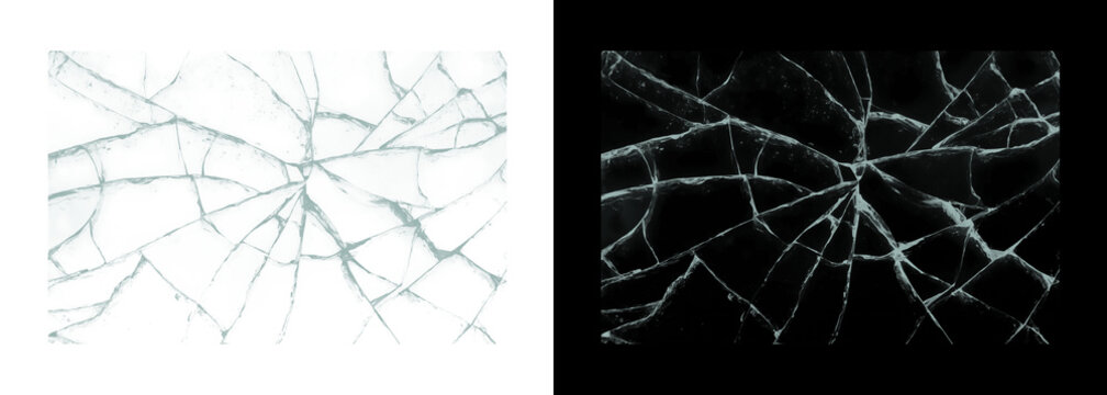 Cracked glass shattered screen on white and black backgrounds