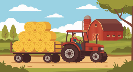 Tractor Driver Transporting Hay

Flat vector illustration of a tractor driver transporting hay bales on a trailer. Barn and rural landscape visible. Flat vector style, countryside atmosphere.