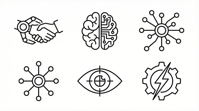artificial intelligence, AI, machine learning, technology, business, digital transformation, icon set, line art, outline, vector, neural network, cybernetics, brain, circuit board, handshake, partners