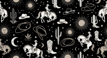 Celestial Cowboy Western Seamless Pattern with Rodeo and Desert Elements © Elsa