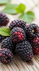 Juicy blackberries with dew drops rest on a rustic wooden surface accompanied by green leaves.