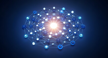 Abstract connected network nodes with central glowing light on dark background