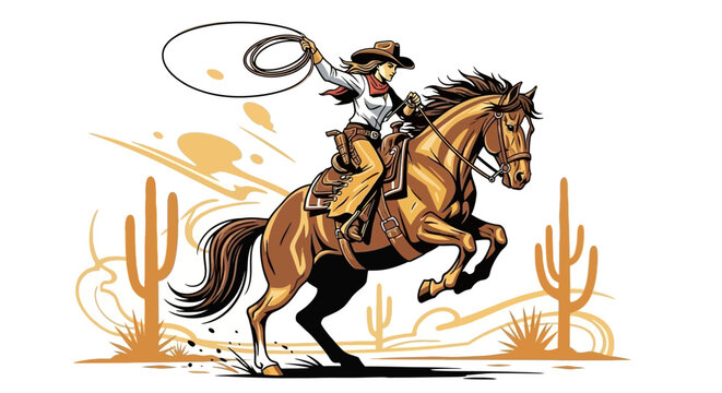 Cowgirl Riding Horse with Lasso in Desert Landscape, Western Lifestyle Illustration