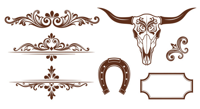 Western Ornamental Vector Graphics: Bull Skull, Horseshoe, and Flourishes