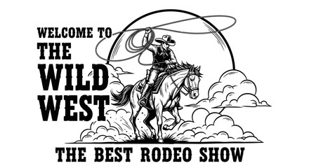 Naklejka premium Welcome to the Wild West Rodeo Show with Cowboy on Horseback