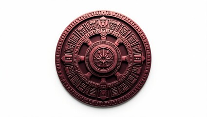 Fototapeta premium A detailed, close-up view of a circular, ornate, reddish-brown relief sculpture with a central floral design.