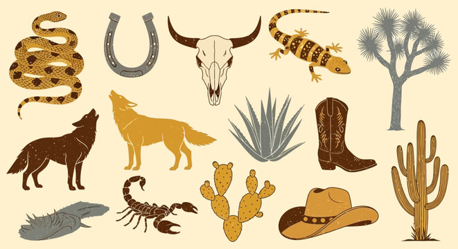 Desert Wildlife and Western Symbols Collection Vector Illustration on Cream Background