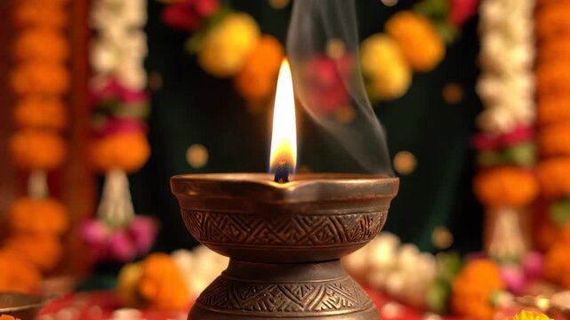 Traditional Indian Diya oil lamp burning with a flickering flame and smoke against blurred floral garlands
