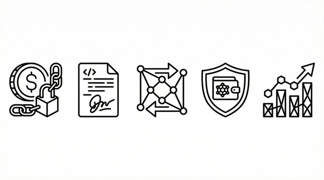 Minimalist Web3, Bitcoin Security, and Digital Ledger Black and White Icons
