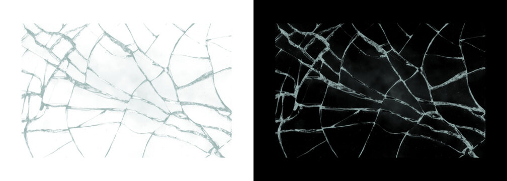 Cracked glass shattered screen on white and black backgrounds