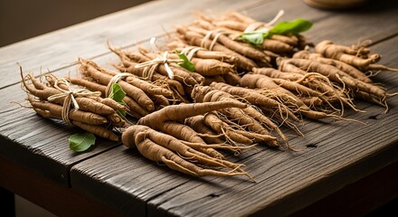 Bundles of cultivated root vegetables tied with twine rest upon a rustic wooden surface