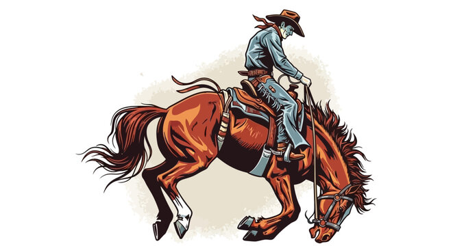 Retro Cowboy Riding a Bucking Bronco Horse in Dynamic Action Pose