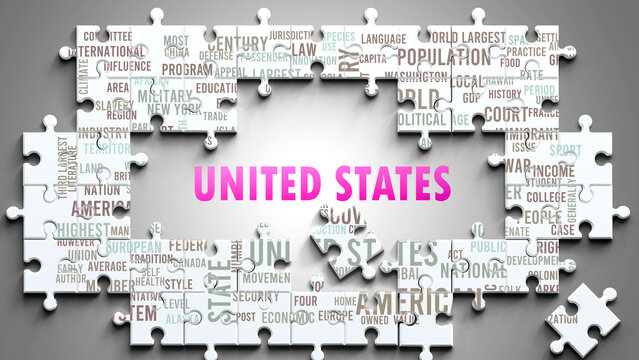 United States as a complex subject, related to important topics. Pictured as a puzzle and a word cloud made of most important ideas and phrases related to united states. ,3d illustration