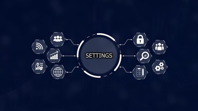 Digital settings concept with central word SETINGS surrounded by white representing network connectivity user groups growth chart global network and