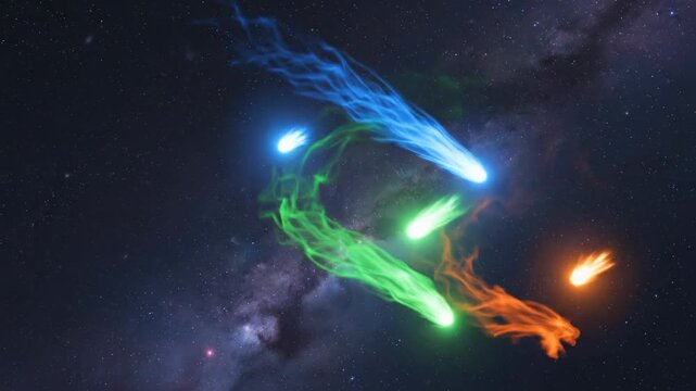 Three colorful comets streak across a starry universe, leaving trails of light.
