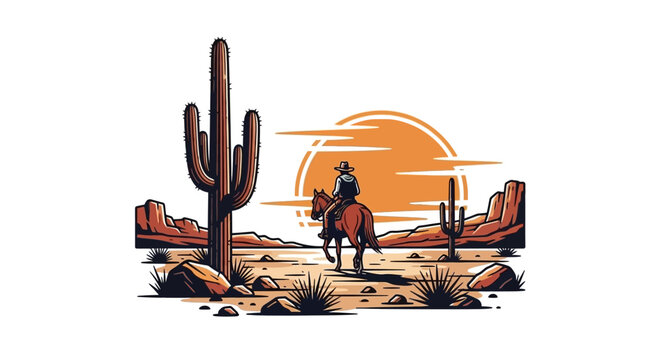 Cowboy Riding Horse in Desert Landscape with Saguaro Cactus and Sun