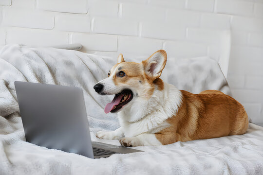 Corgi sitting on bed with laptop