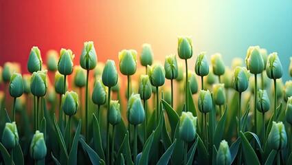 A vibrant close-up of a field of closed green tulips against a gradient red to turquoise background. © Hasriani