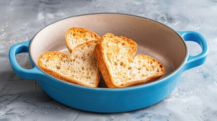 Heart-Shaped Toast Slices in Blue Baking Dish on Rustic Surface with Subtle Texture and Bright Colors
