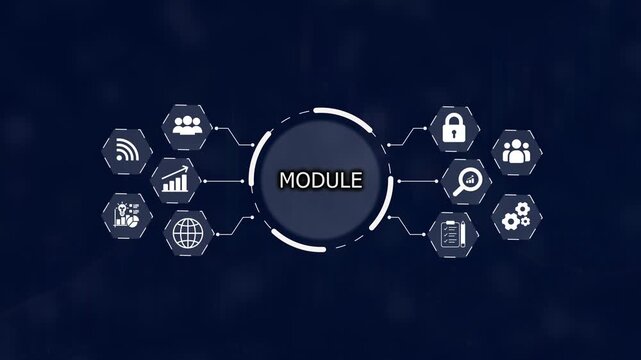 Central circular hub labeled MODULE connected by lines to hexagonal representing network wifi people growth graph globe security lock search