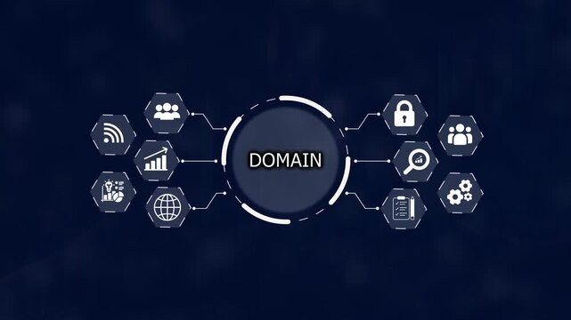 Digital concept of domain name registration and management illustrated by interconnected white on a dark blue gradient background with faint grid and data