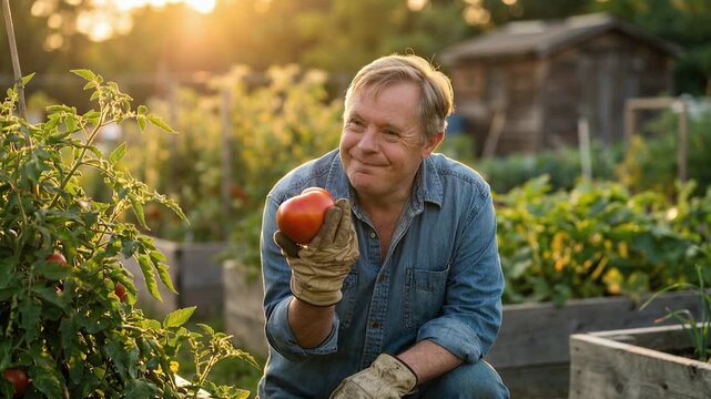 A person checks a ripe tomato while standing in a community garden. Sunlight illuminates the garden, creating a warm atmosphere.