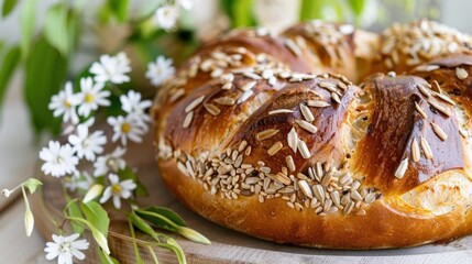 Freshly Baked Bread with Sunflower Seeds Surrounded by Delicate Flowers and Greenery Highlights for Culinary Photography