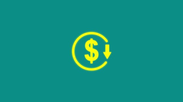 Abstract decrease icon on Cyan background. Dollar rate down looped icon. Reduce costs sign and symbol. animation. 4k video...