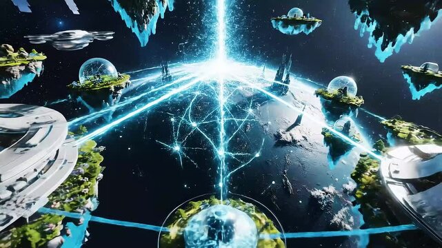 Orbital city network with glowing energy beams, Smart healthcare system planet
