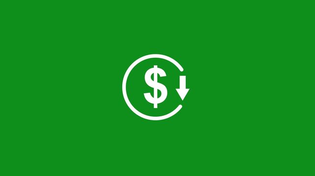 Abstract decrease icon on green background. Dollar rate down looped icon. Reduce costs sign and symbol. animation. 4k video...