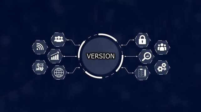 Central circular with the word VERSION surrounded by a network of hexagonal depicting various business and technology concepts on a dark blue