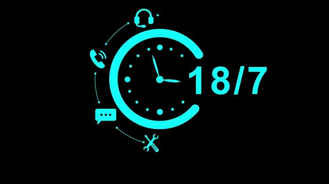 A professional using in a bright office, symbolizing 18 hour availability for customer support and business operations, with glowing graphic elements enhancing the scene. animation. 4k video...