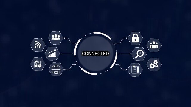 Digital network diagram with the word CONECTED at the center surrounded by white representing connectivity security growth and people on a dark blue