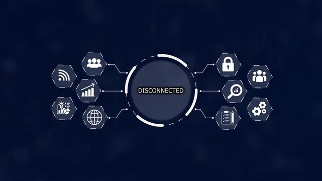 Network diagram with the word DISCONECTED in the center connected to white of network security growth and people on a dark blue gradient