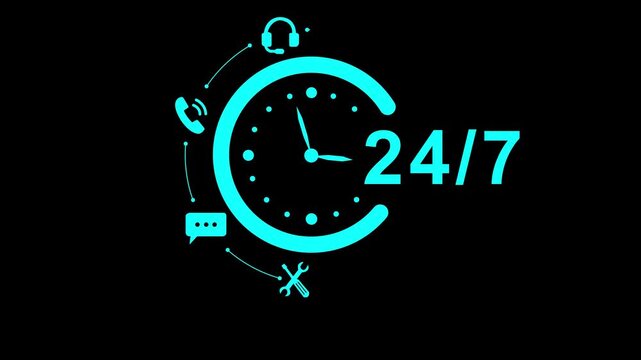 A professional using in a bright office, symbolizing 24 / 7 hour availability for customer support and business operations, with glowing graphic elements enhancing the scene. animation. 4k video...