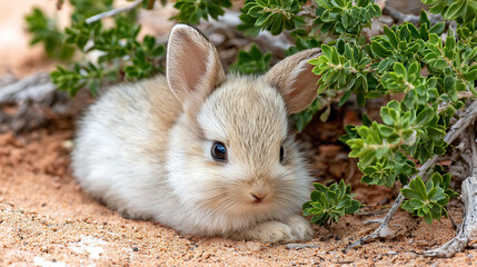 Close-up of a tiny baby rabbit among green leaves and sandy ground, its soft fur and bright eyes capturing a peaceful moment in nature.