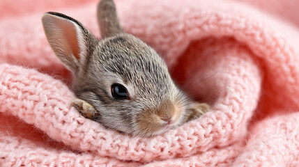 Naklejka premium Relaxed rabbit lounging on soft cotton fabric, highlighting comfort, texture, and cozy home living.