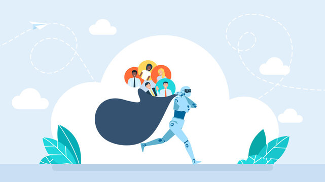 Digital robot thief stealing social media friends and followers in a big bag. Concept of cyber crime, online privacy risks, and hacking personal connections. Modern technology. Flat illustration.
