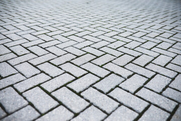 Close-up of Gray Brick Paver Pattern with Diagonal Herringbone Design
