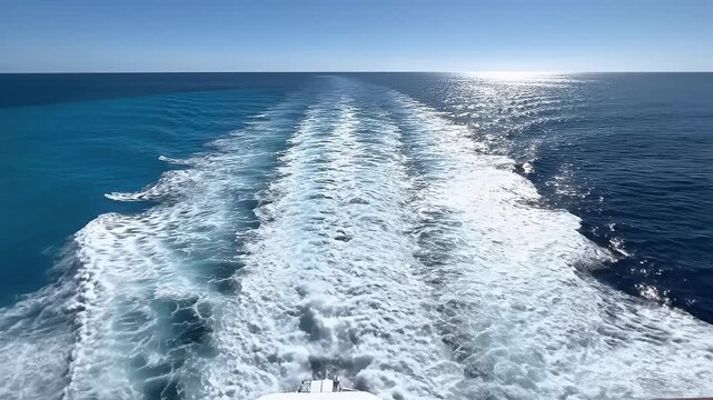 Ocean waves trail boat wake water.